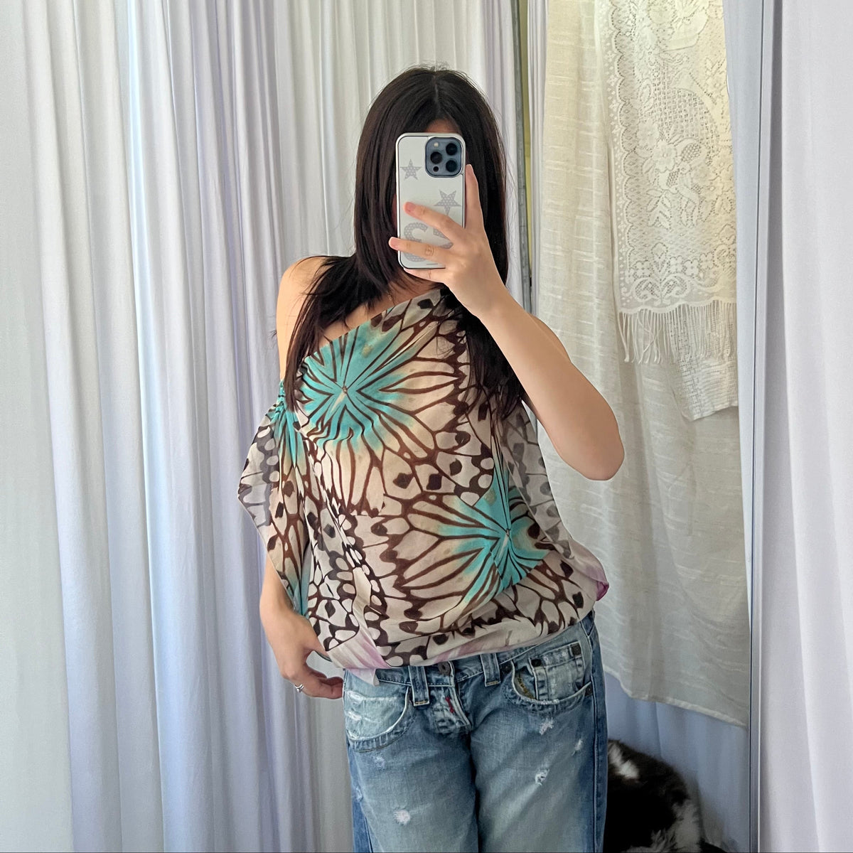 Butterfly Turquoise Pink Draped Blouson