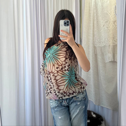 Butterfly Turquoise Pink Draped Blouson