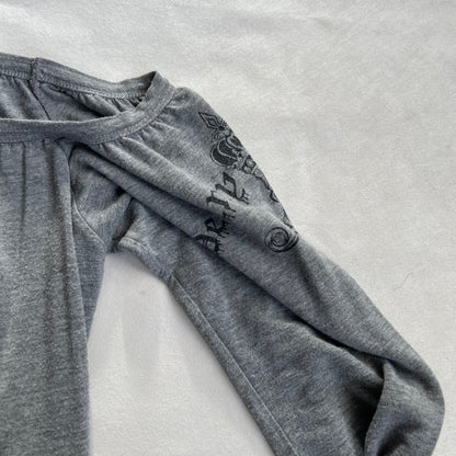 grey denny rose ruched ribbed hem puff sleeves lightweight pullover top