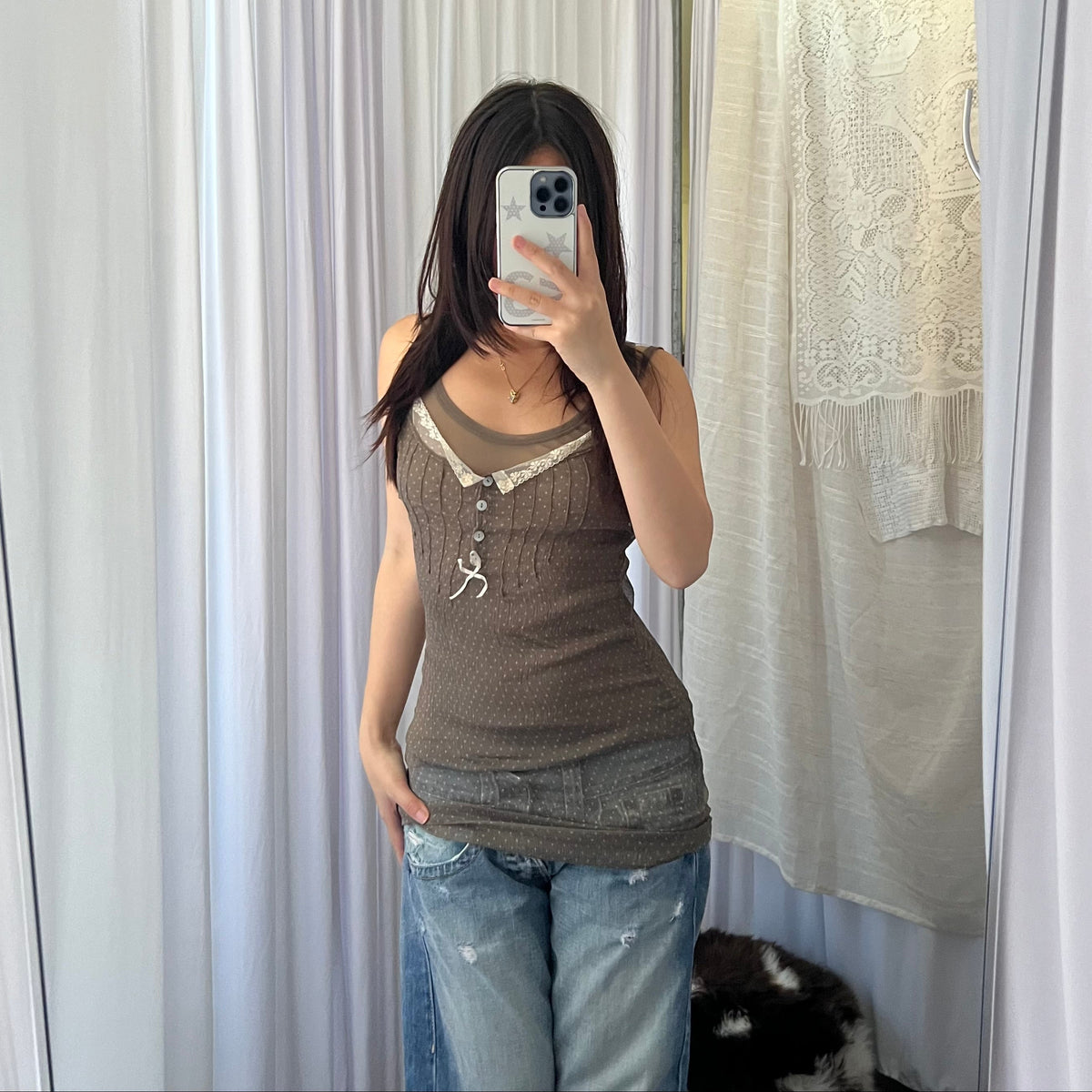 Khaki Silk Polka Dot Lace Trim Tunic Two Piece