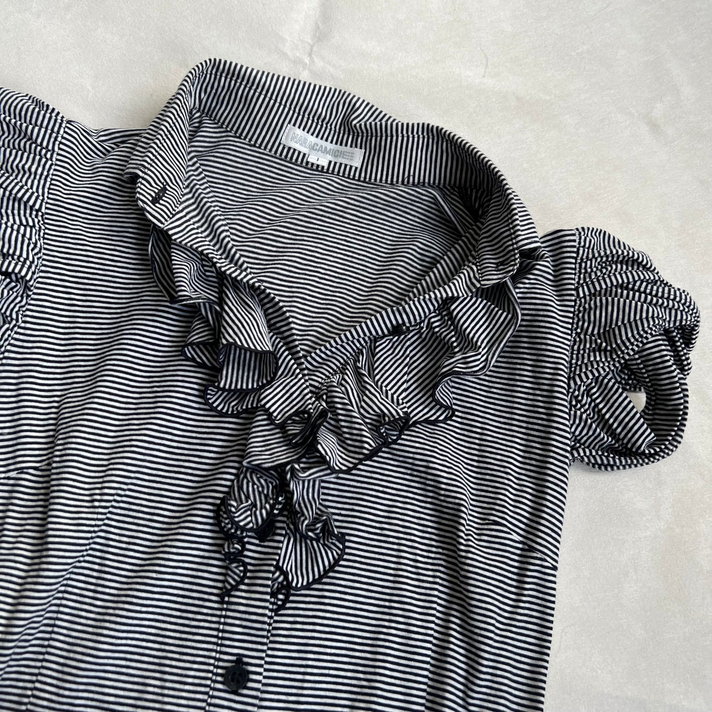 naracamicie black academia preppy ruffle striped puff sleeve collared polo style shirt