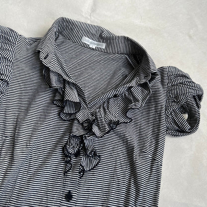 naracamicie black academia preppy ruffle striped puff sleeve collared polo style shirt