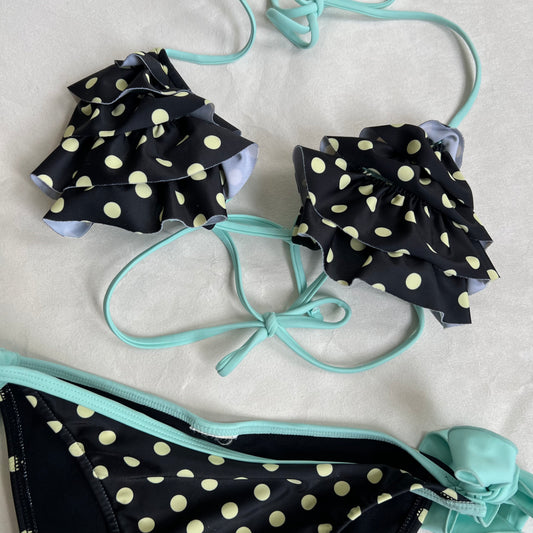rienda black cream teal accent polka dot ruffle swimsuit two piece set