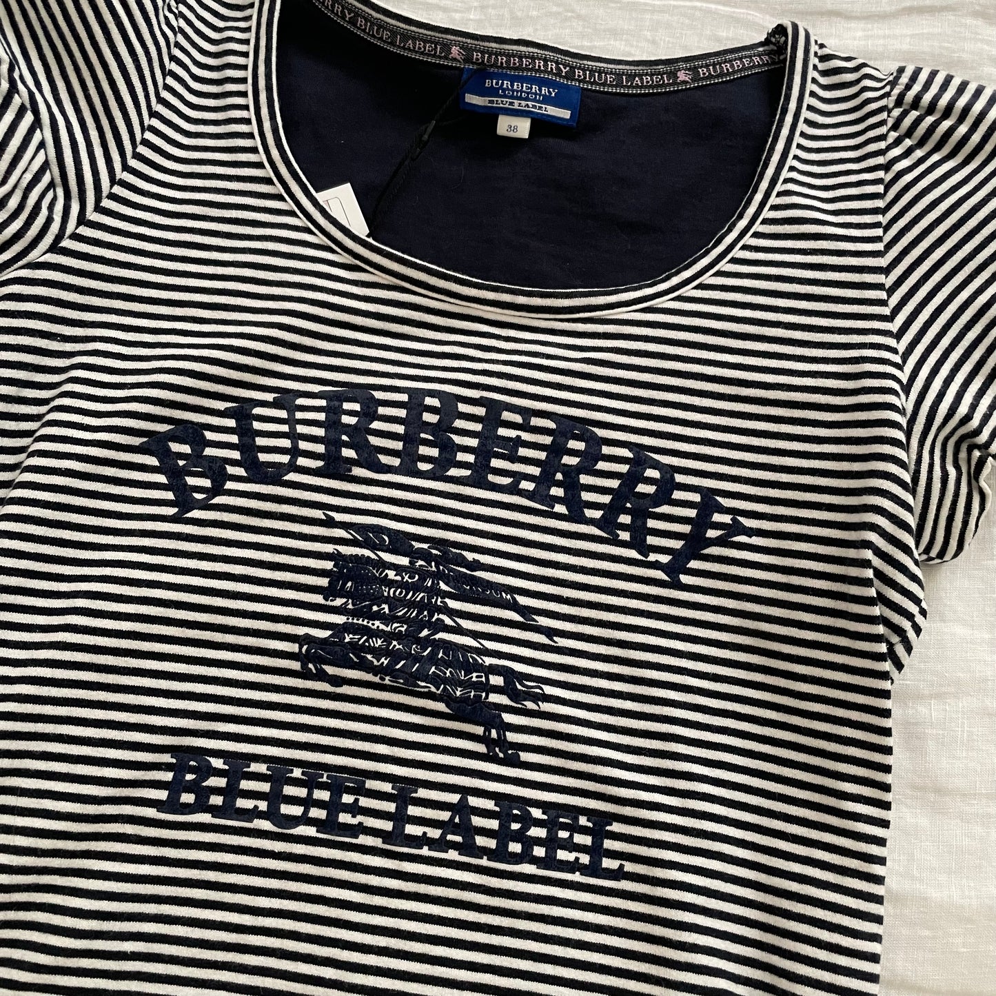 navy striped burberry blue label cap sleeve fitted t shirt