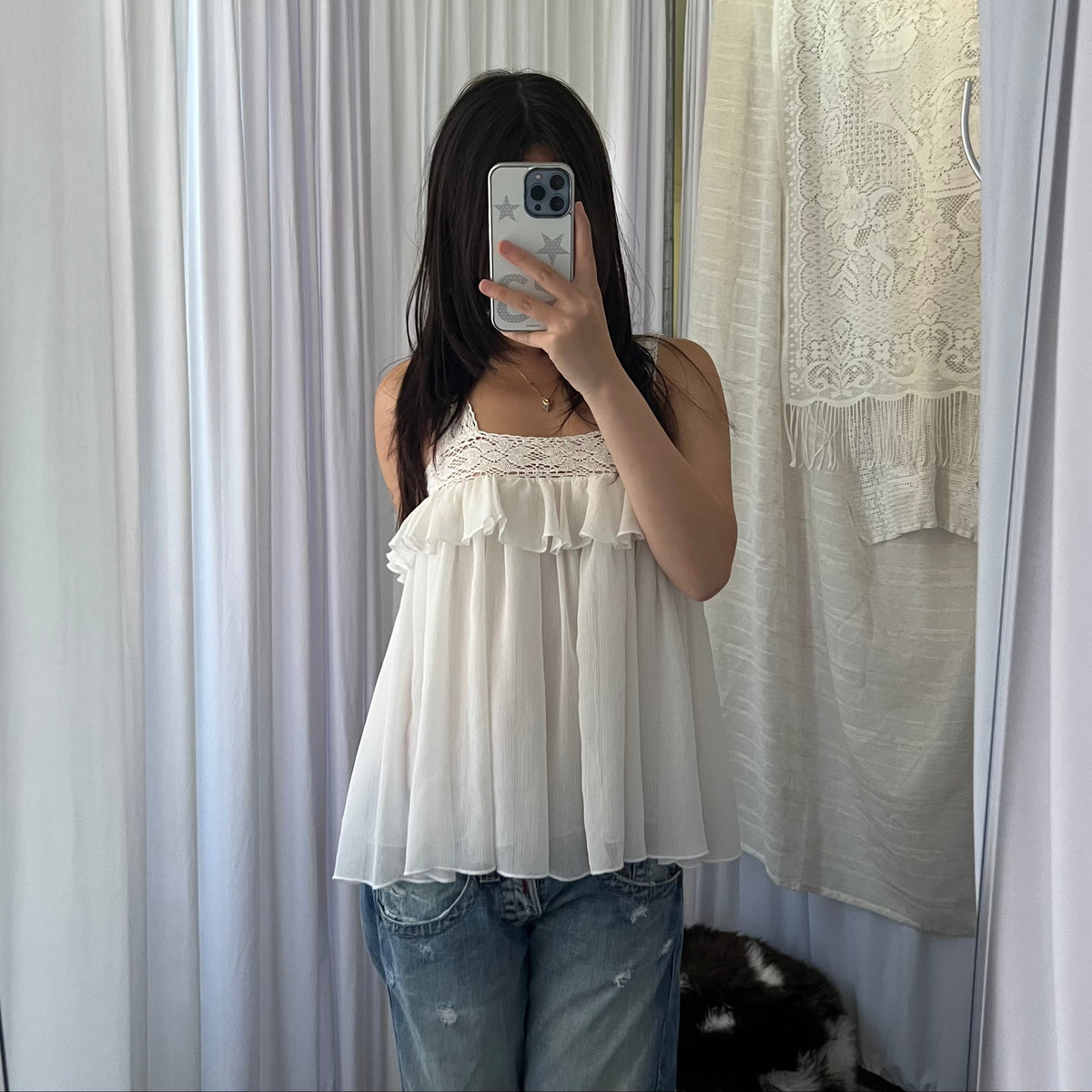 White Broderie Anglaise Lace Trim Babydoll Camisole