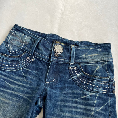 red pepper medium wash denim low mid rise distressed star wide leg trousers