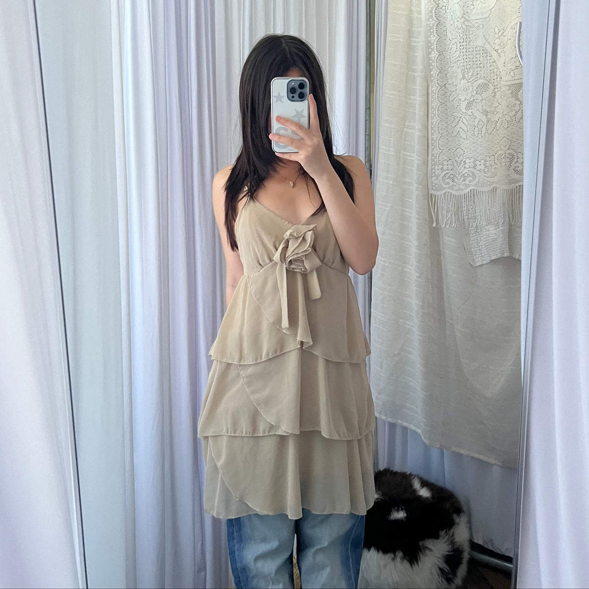 Beige Rosette Tiered Ruffle Midi Dress