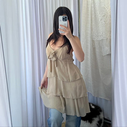 Beige Rosette Tiered Ruffle Midi Dress