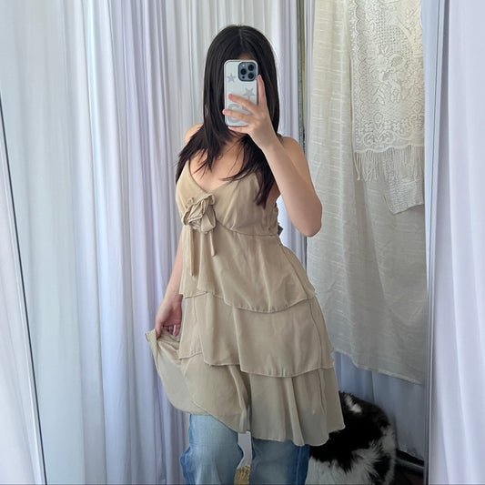 Beige Rosette Tiered Ruffle Midi Dress