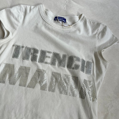 burberry blue label white cap sleeve green silver print trench mania crop top