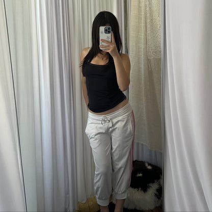 Adidas White Pink Mid Rise Balloon Hem Cropped Capri Joggers