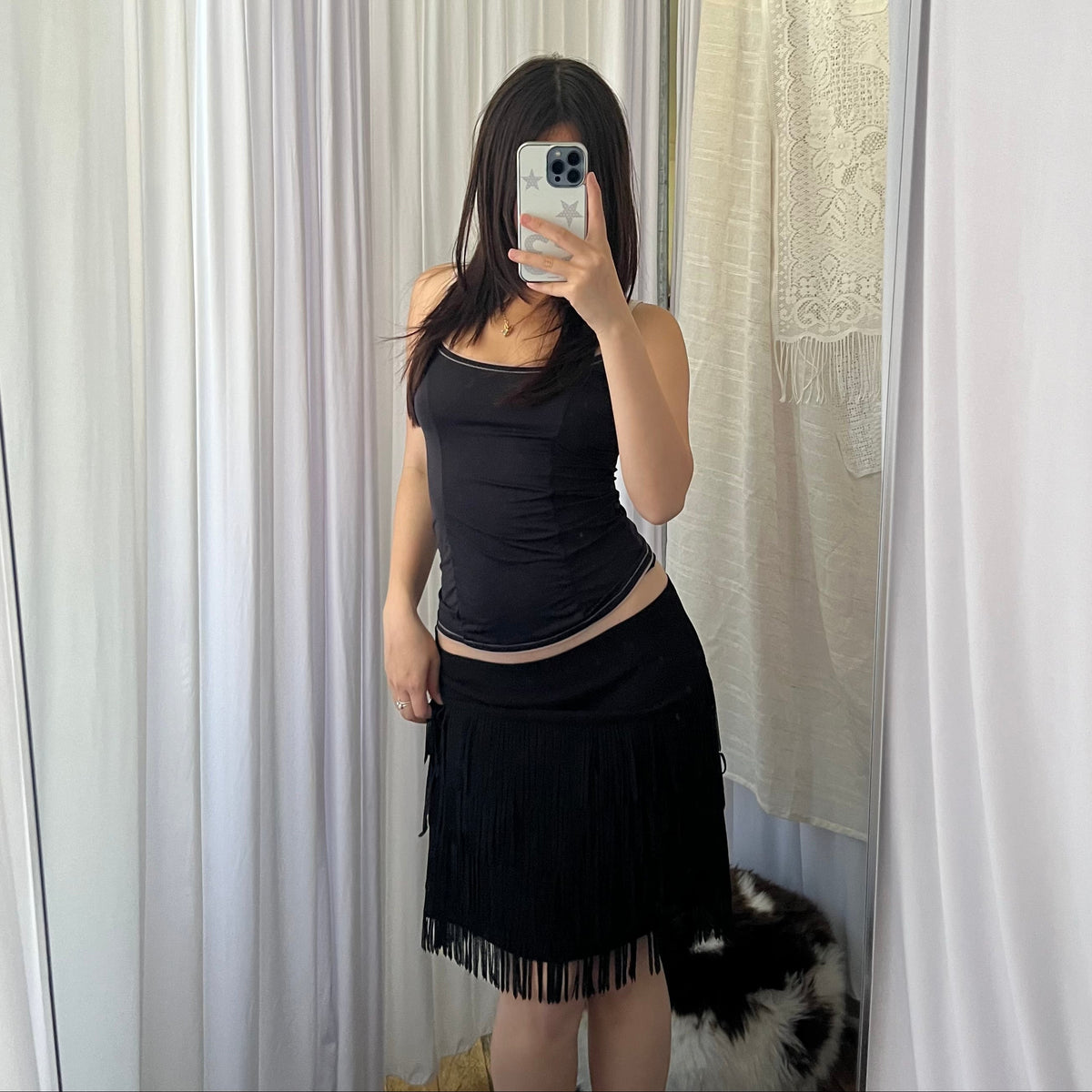 Black Tassel Tiered Mini Skirt