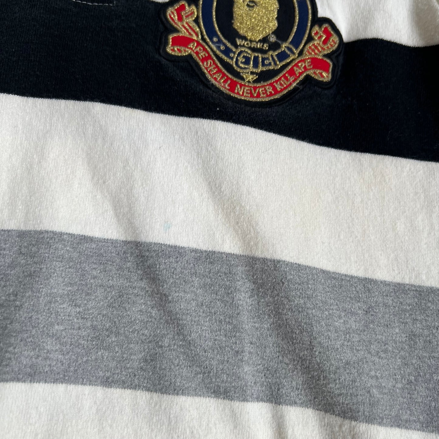 a bathing ape preppy grey black white bape patch striped short sleeve collared polo shirt