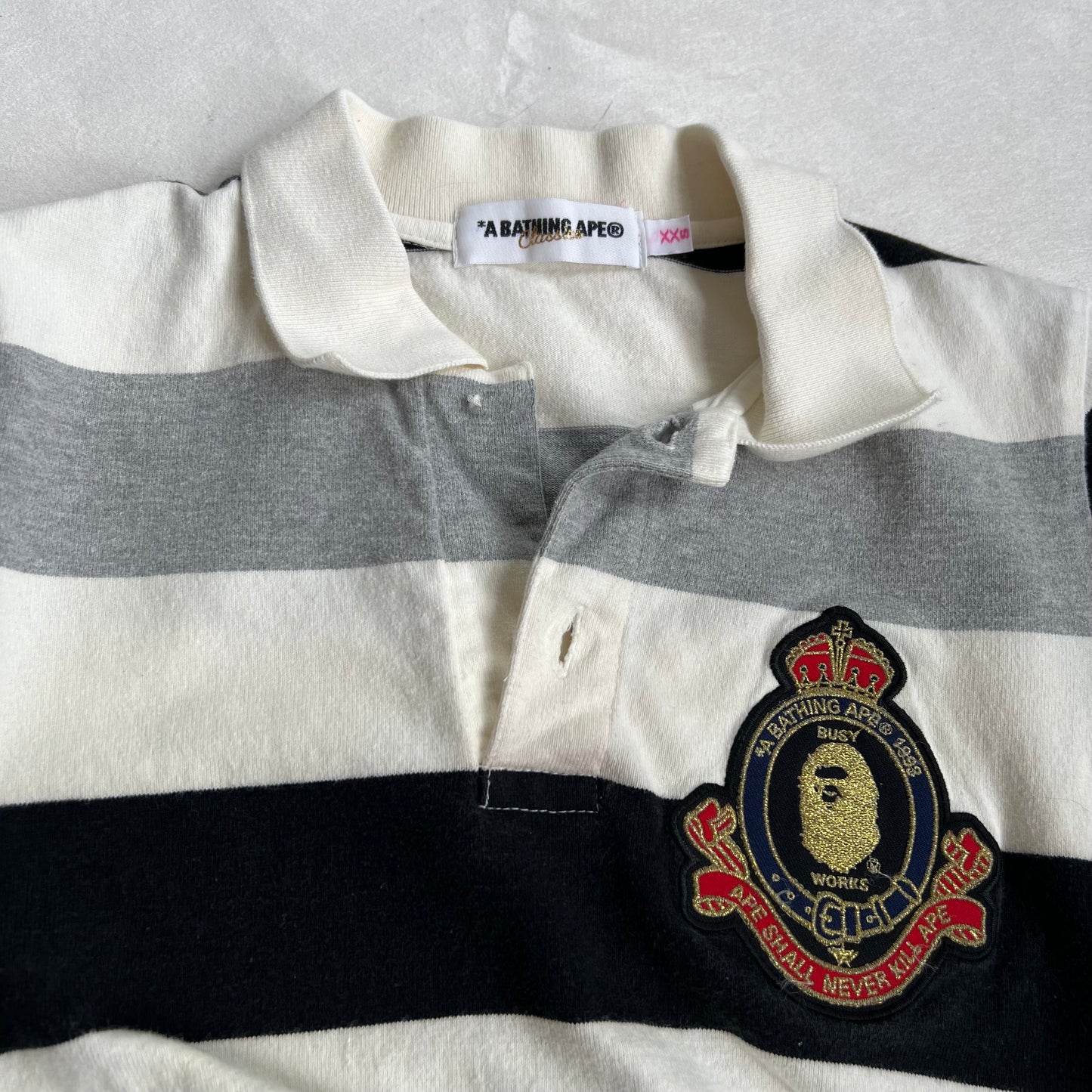 a bathing ape preppy grey black white bape patch striped short sleeve collared polo shirt