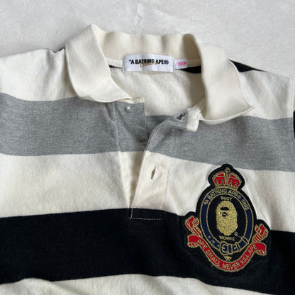 a bathing ape preppy grey black white bape patch striped short sleeve collared polo shirt