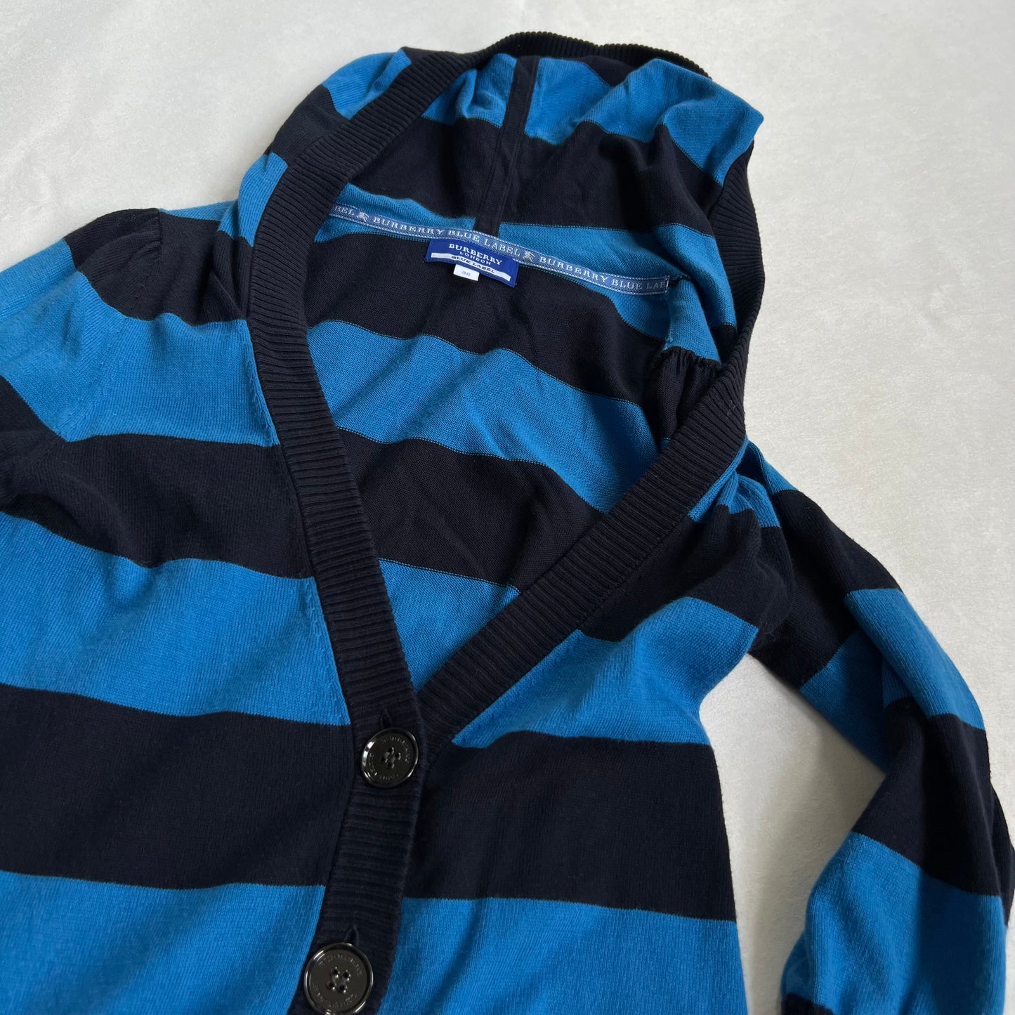 burberry blue label preppy blue black striped short sleeve long hooded cardigan