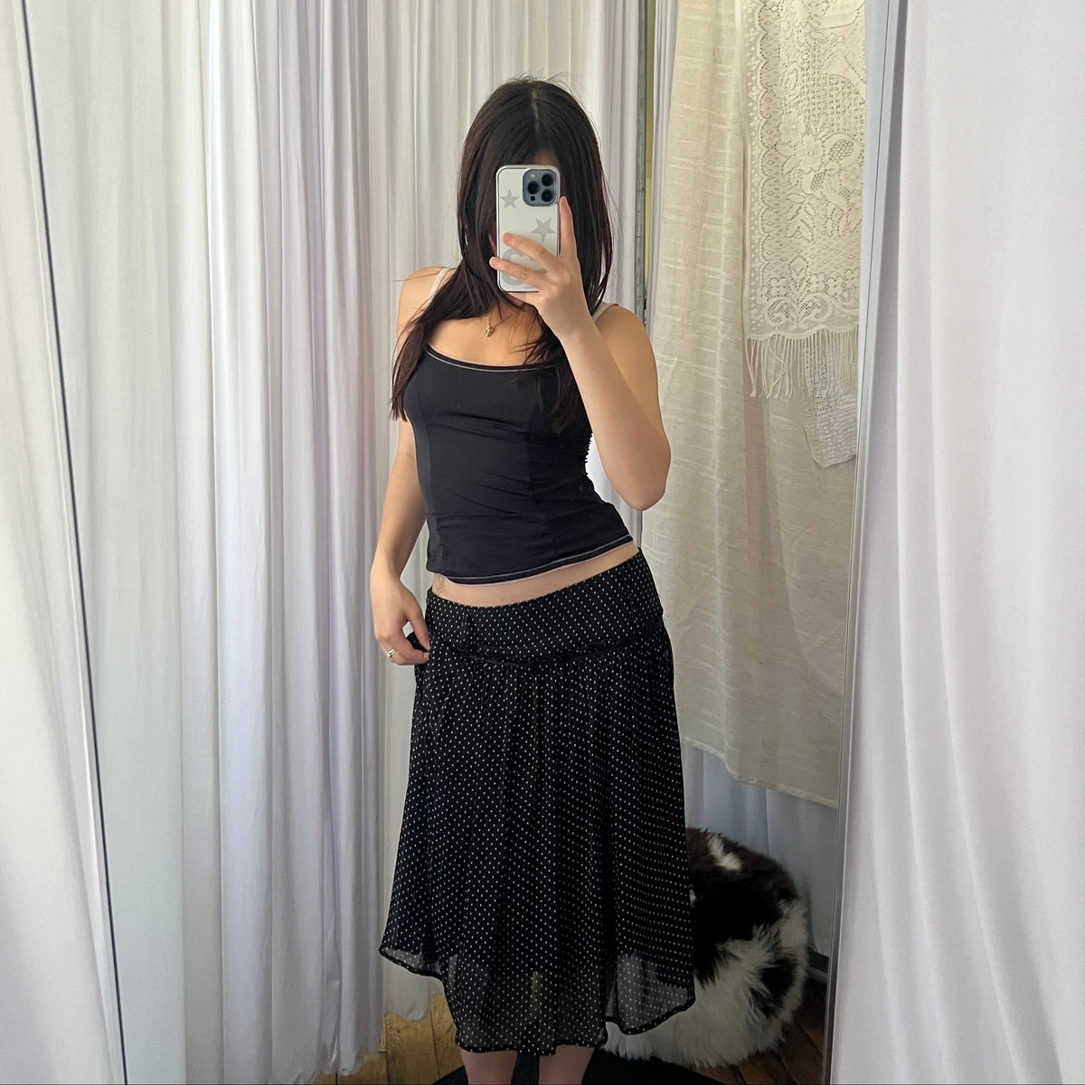 Black White Polka Dot Drop Waist Midi Skirt