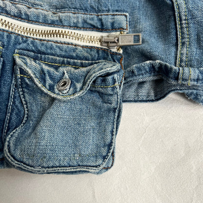 baci denim light wash utility deconstructed hanging zip pocket cargo denim mini skirt