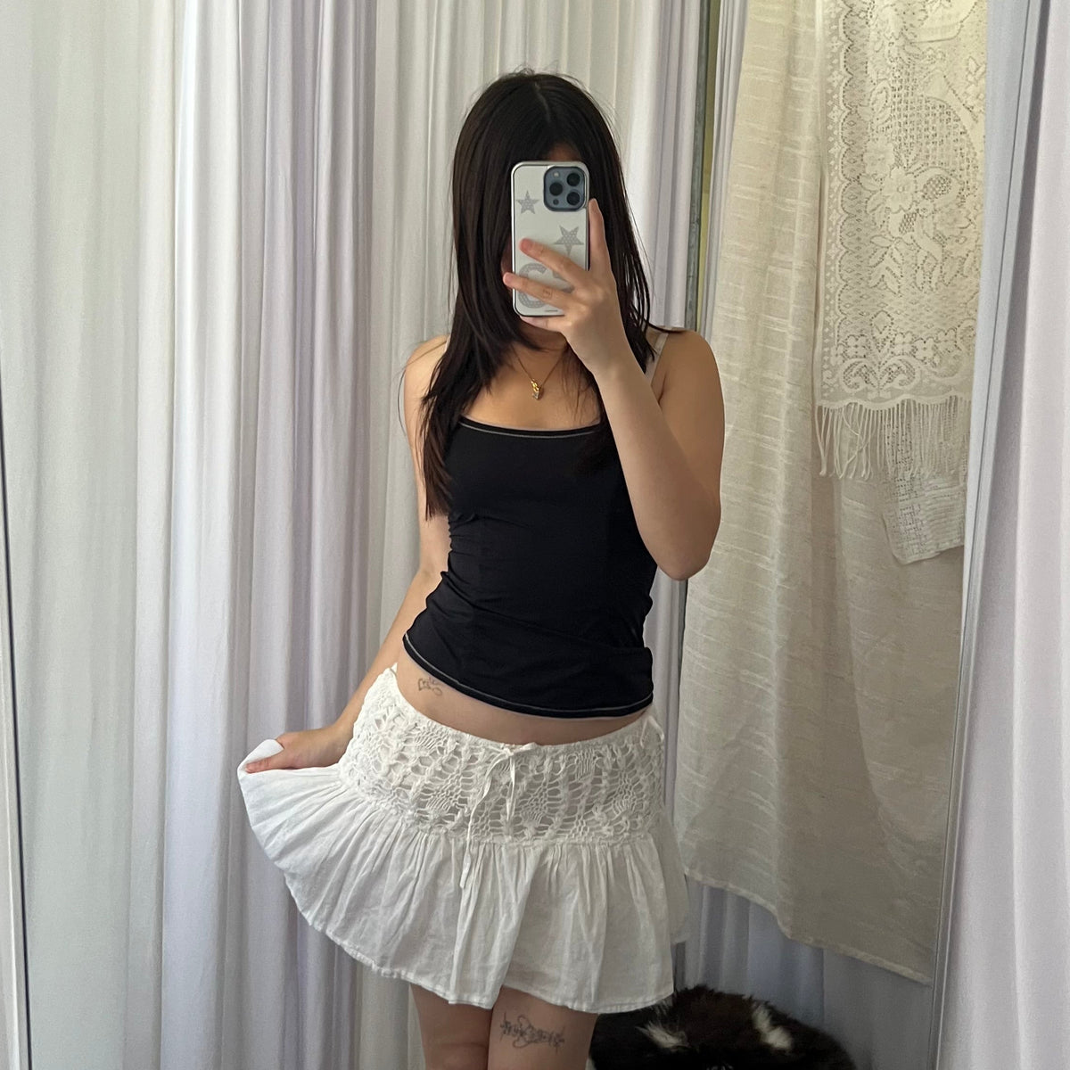 Spot White Crochet Drop Waist Mini Skirt