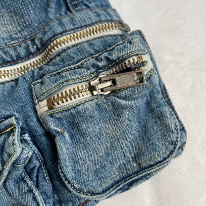 baci denim light wash utility deconstructed hanging zip pocket cargo denim mini skirt