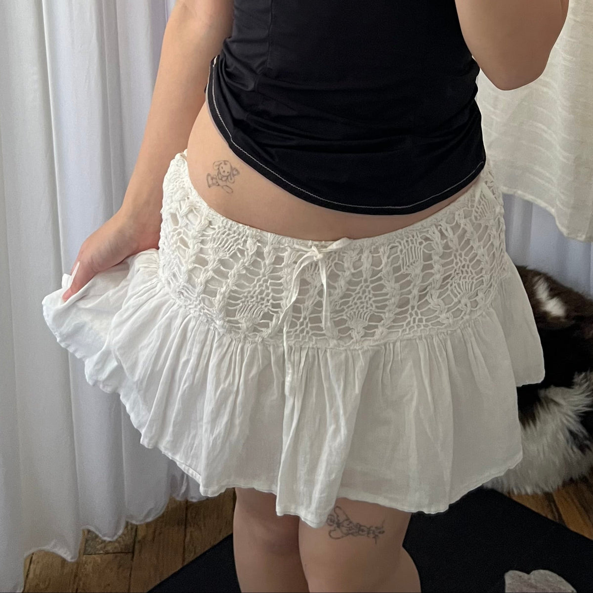 Spot White Crochet Drop Waist Mini Skirt