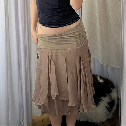 Dextee Beige Brown Drop Waist Midi Silk Skirt
