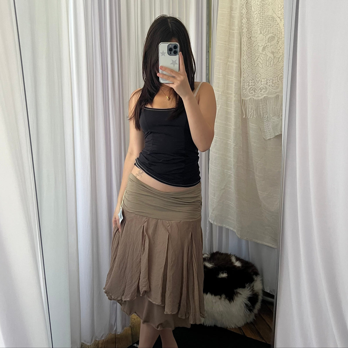 Dextee Beige Brown Drop Waist Midi Silk Skirt