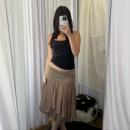 Dextee Beige Brown Drop Waist Midi Silk Skirt
