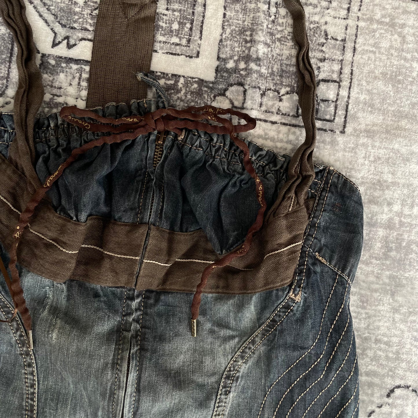 mariagrazia panizzi 西部波西米亚风蓝色牛仔布棕色蕾丝褶皱紧身胸衣紧身胸衣