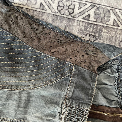 mariagrazia panizzi 西部波西米亚风蓝色牛仔布棕色蕾丝褶皱紧身胸衣紧身胸衣