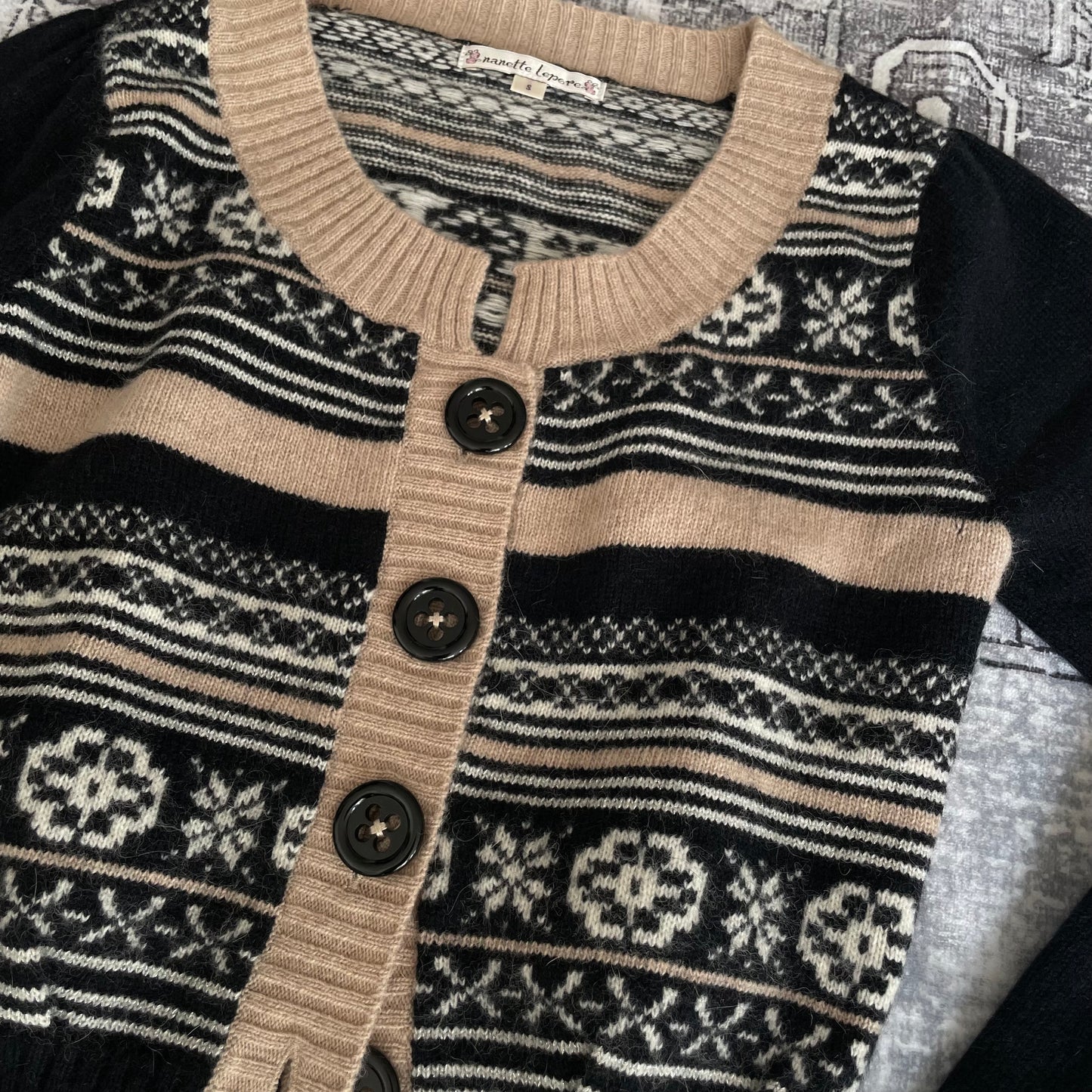 Nanette Lepore 安哥拉混纺黑色米色冬季雪花印花短款开衫