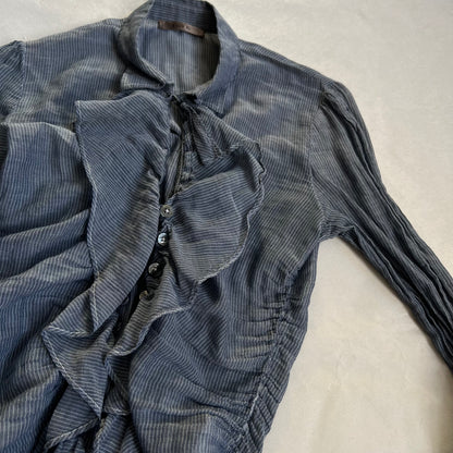 toy g romantic victorian blue grey pinstripe long sleeve collared ruched blouse shirt
