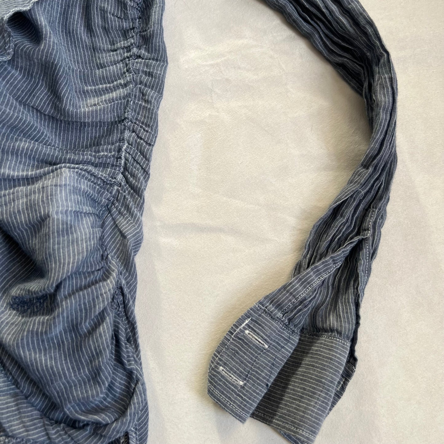 toy g romantic victorian blue grey pinstripe long sleeve collared ruched blouse shirt