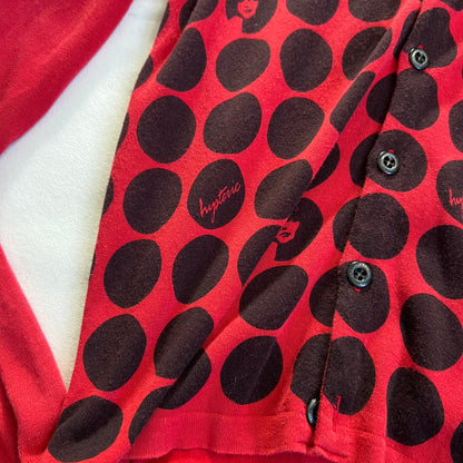 hysteric glamour faded raspberry red polka dot graphic long sleeve cardigan