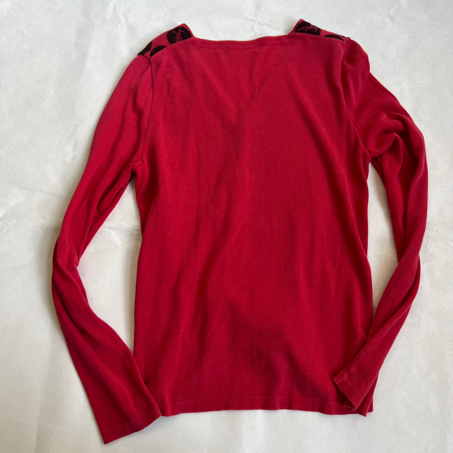 hysteric glamour faded raspberry red polka dot graphic long sleeve cardigan