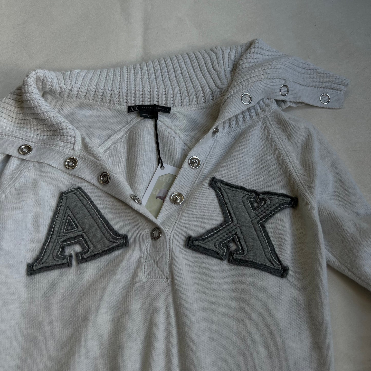 preppy armani exchange white grey folded wide collar long sleeve patch sweater