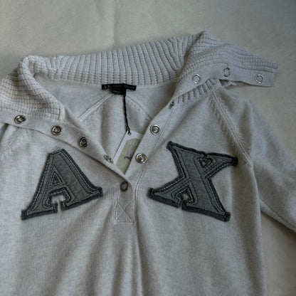 preppy armani exchange white grey folded wide collar long sleeve patch sweater