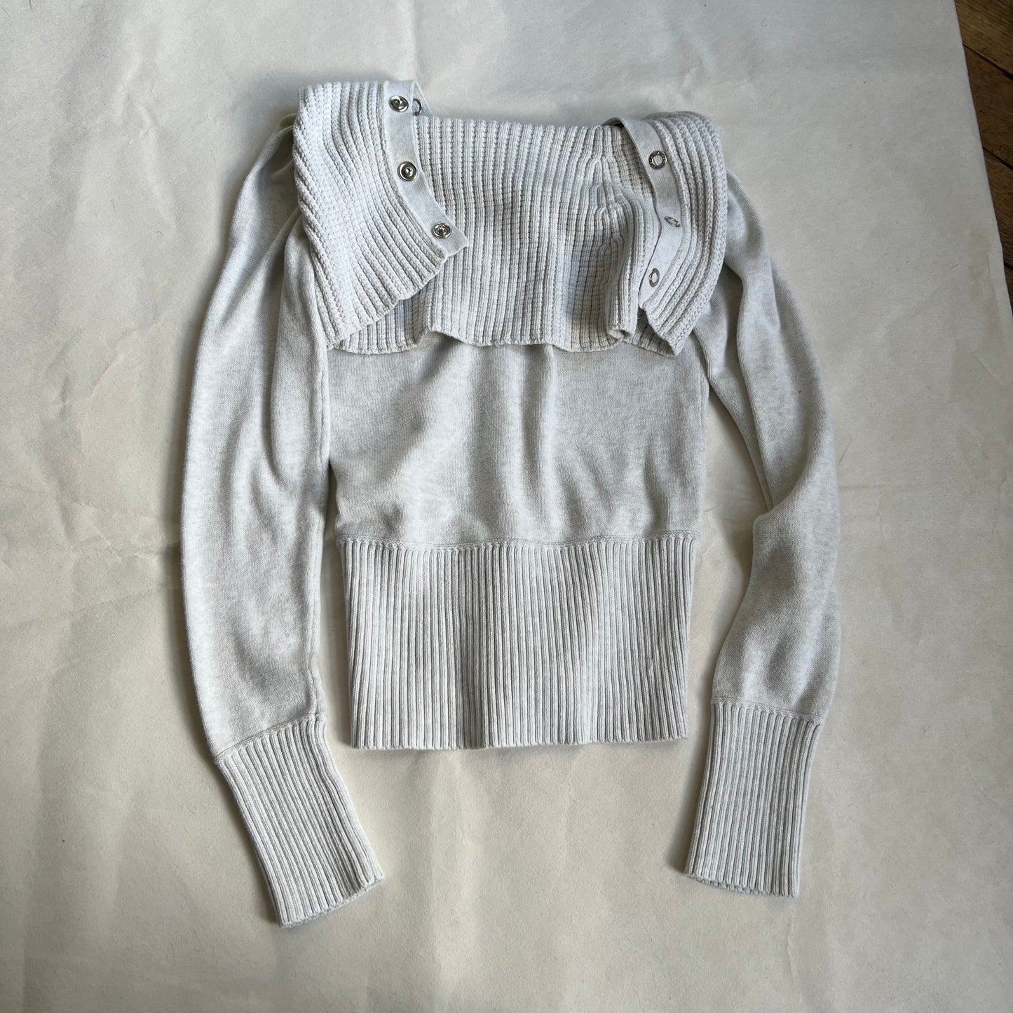 preppy armani exchange white grey folded wide collar long sleeve patch sweater