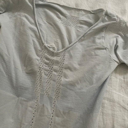 marithe francois girbaud light blue cross section fitted top