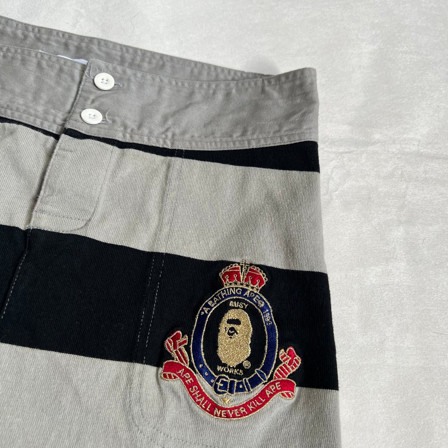 a bathing ape preppy greige black bape patch striped polo style mini skirt