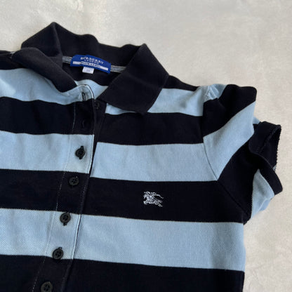 burberry blue label preppy black baby blue striped puff sleeve collared polo shirt