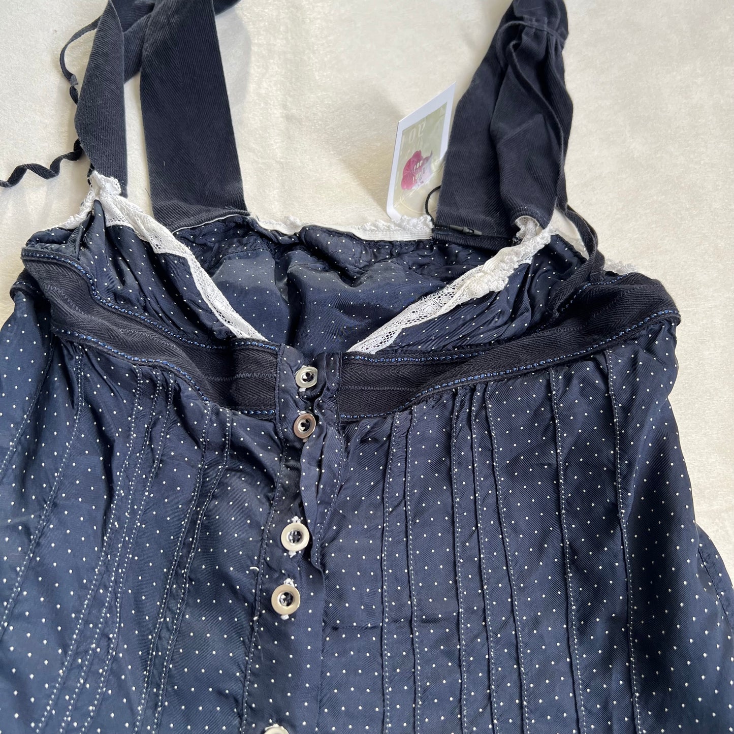 vintage high by claire campbell navy babydoll polka dot milkmaid lacey trim camisole top