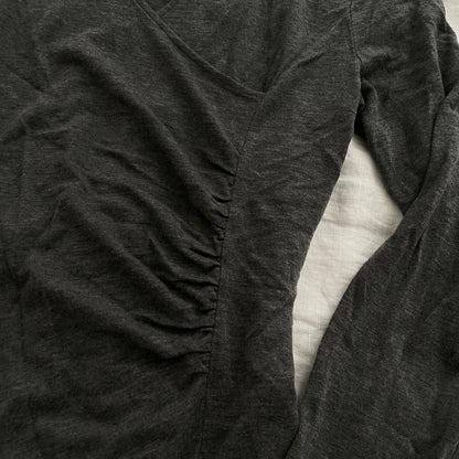 burberry wrap style ruched asymmetric grey long sleeve collared top