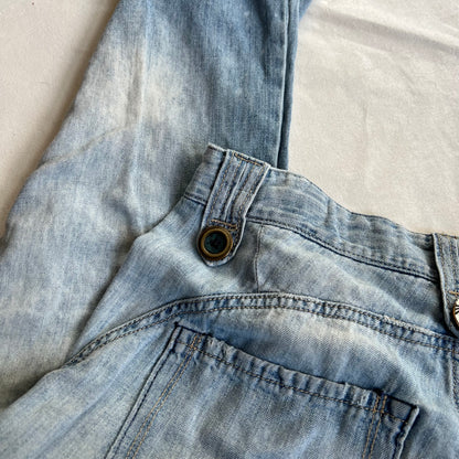 replay light wash denim baggy straight leg faux rip adjustable cinched hem jeans