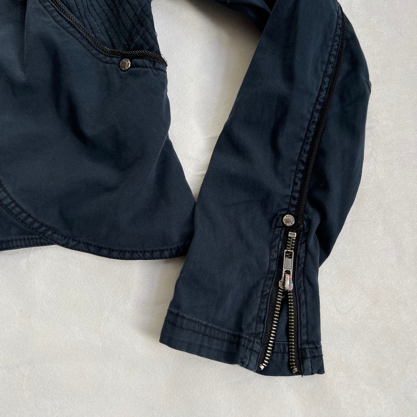 vintage navy blue nu utility biking zip piping accent crop jacket
