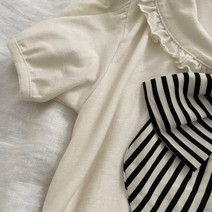 alonaquins preppy punk sailor off white puff sleeve balloon hem top with back detail and striped ribbon bow