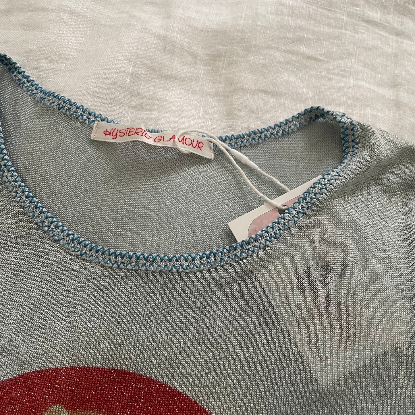 90s hysteric glamour baby blue shimmery glitter short sleeve i love hg cat print fitted shirt