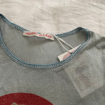 90s hysteric glamour baby blue shimmery glitter short sleeve i love hg cat print fitted shirt