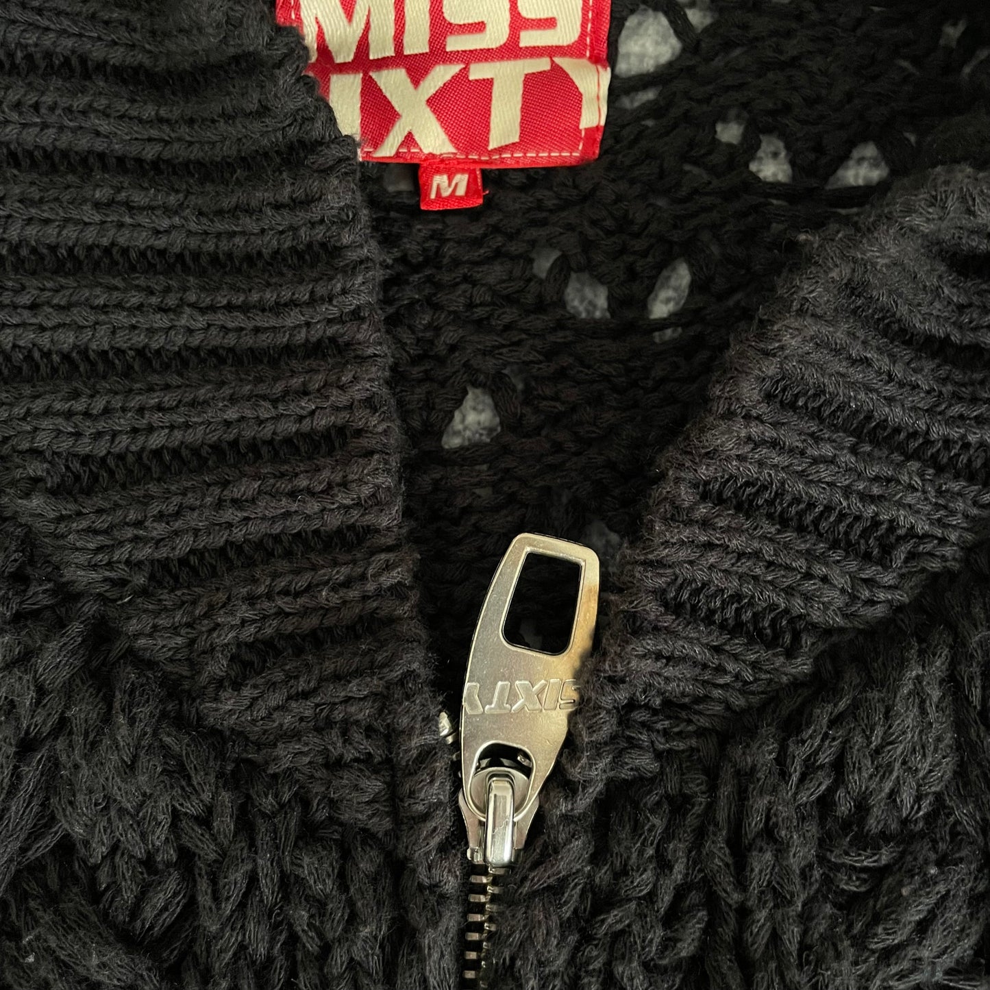 Miss Sixty黑色钩针重针织拉链开衫外套