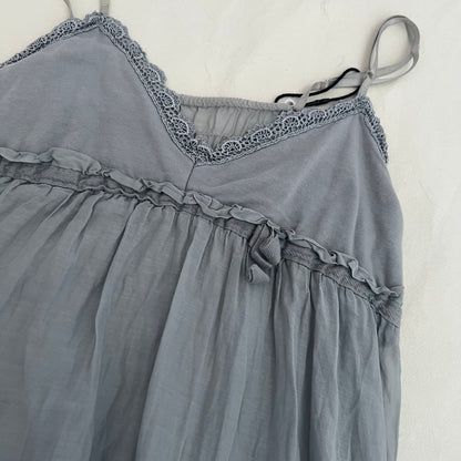 Dusty Blue Silk Lace Trim Babydoll Bubble Hem Tunic Camisole